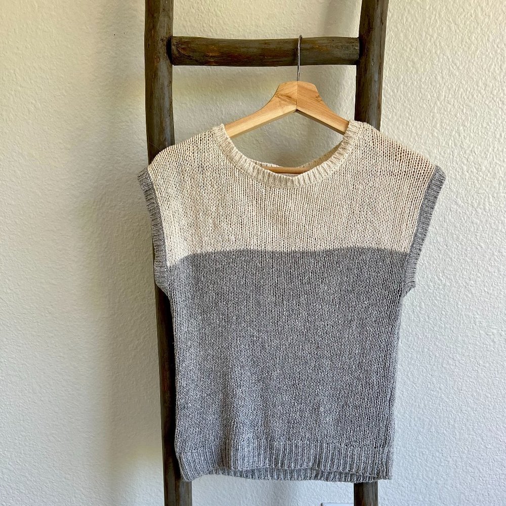 Vintage White/Grey Color-block Silk Angora Rabbit Hair Short Sleeve Sweater Top